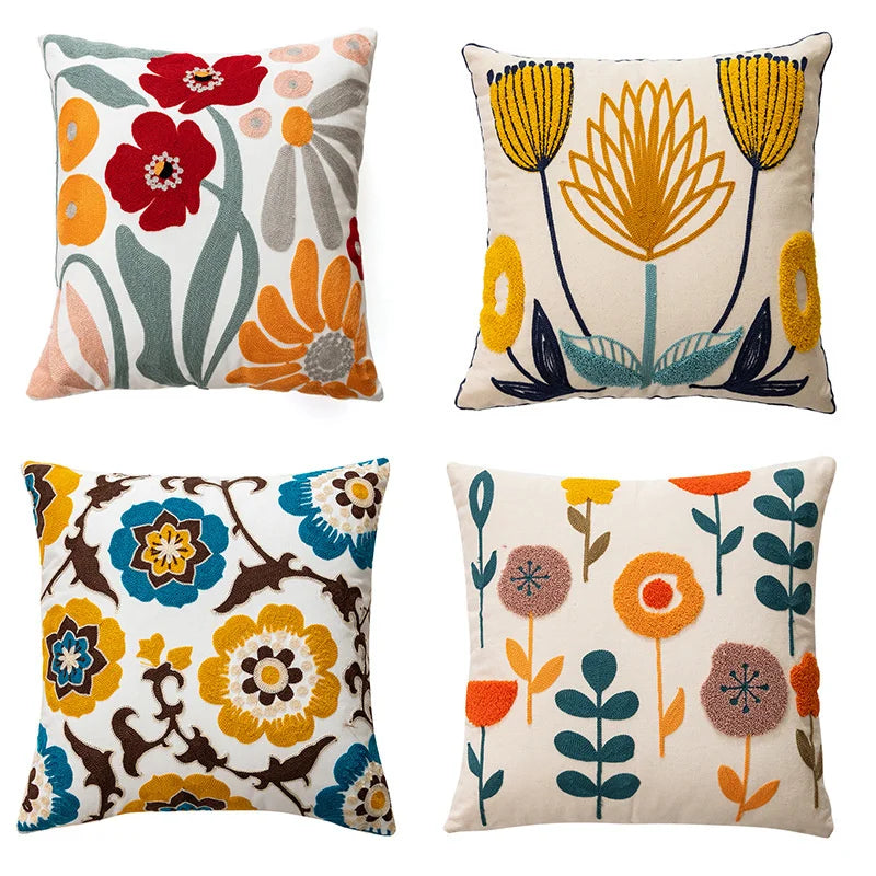 Floral Embroidered Canvas Cushion Cover