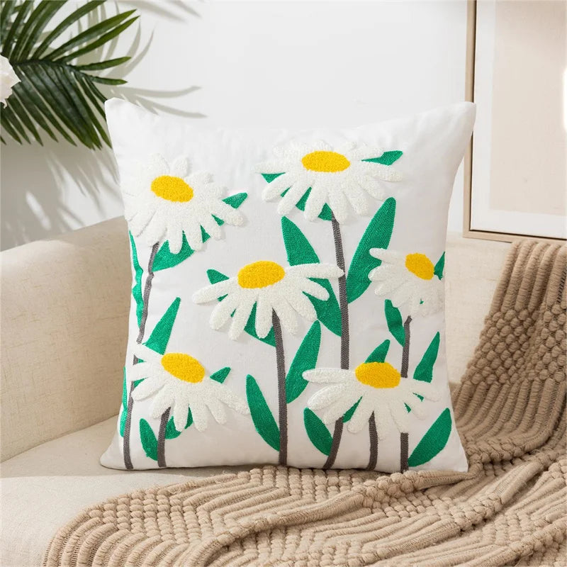 Floral Embroidered Canvas Cushion Cover