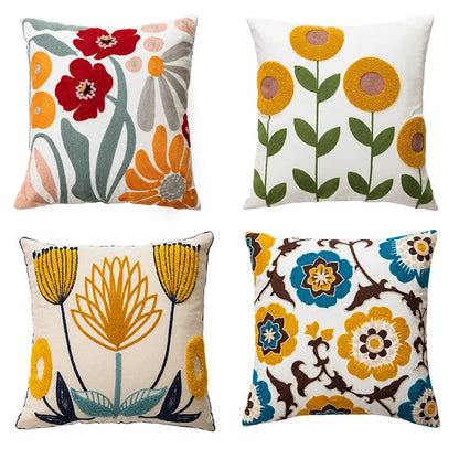 Floral Embroidered Canvas Cushion Cover