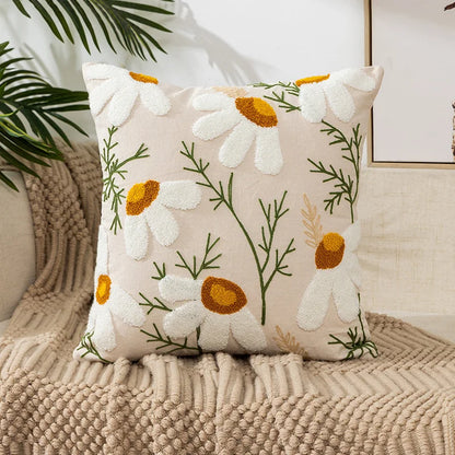 Floral Embroidered Canvas Cushion Cover