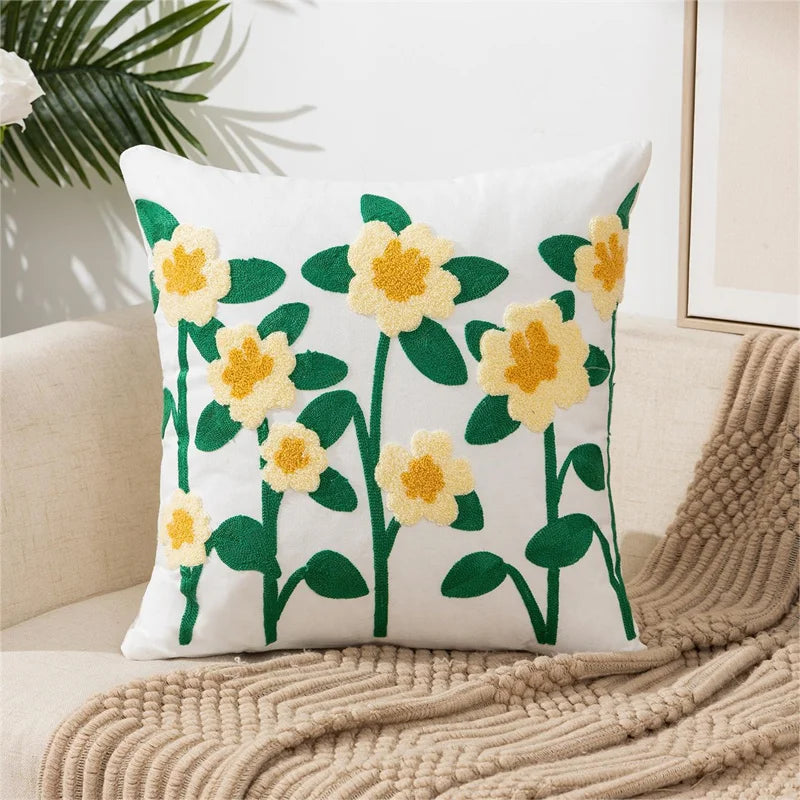 Floral Embroidered Canvas Cushion Cover
