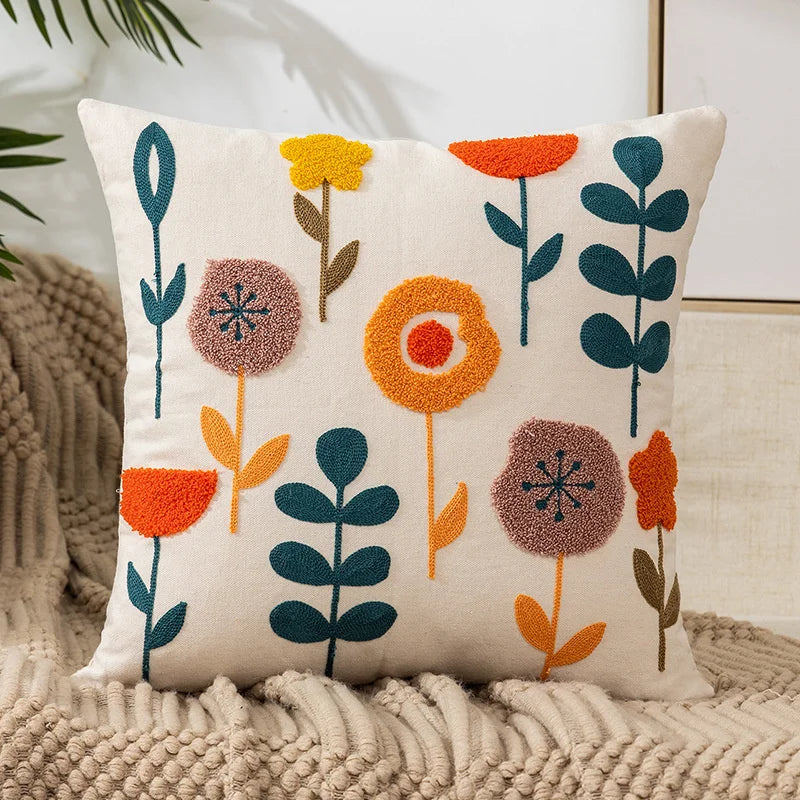 Floral Embroidered Canvas Cushion Cover