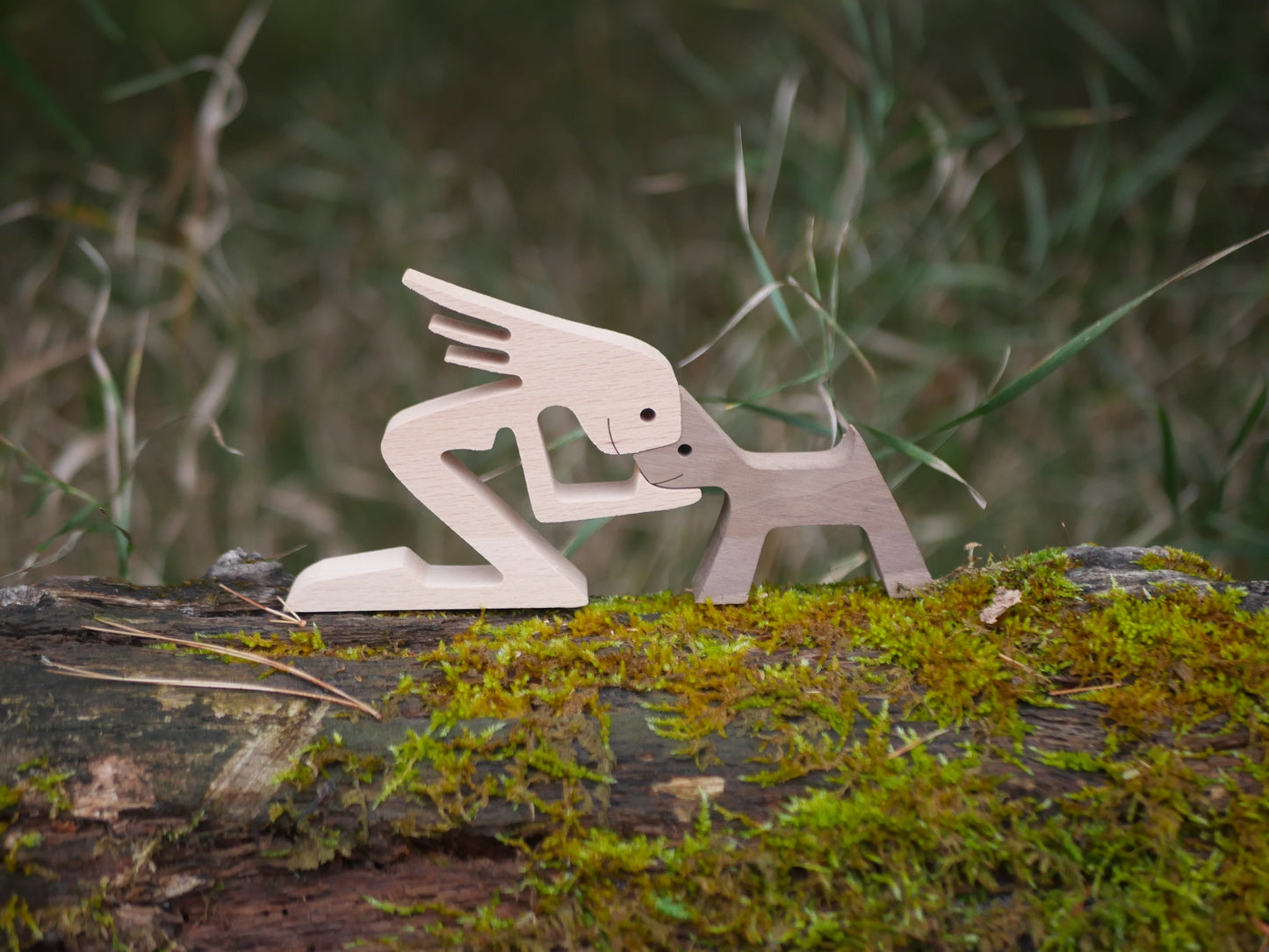 Wooden Woman/Man and Dog Sculpture