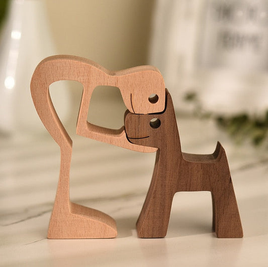 Wooden Woman/Man and Dog Sculpture